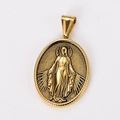 Oval 18k gold plated stainless steel pendant with embossed religious portrait detail - Miraculous Medal Style (Style 5)