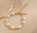 Elegant Baroque freshwater pearl bracelet with polished gold metal beads and steel tag - Freshwater Pearl Bracelet