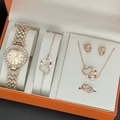Elegant rose gold 5-piece jewelry gift set with rhinestone hearts and quartz watch - Champagne (5pcs Set)