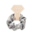 Elegant grey satin scrunchie ponytail holder with soft silk texture on a display card - With Card / Silver Gray