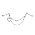 Silver stainless steel industrial barbell featuring a zircon heart charm and double chains - Hollow Heart Style