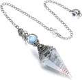 Cone-shaped resin dowsing pendulum with blue and white stones and copper wire coil - Aquamarine (Antique Silver)