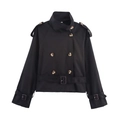 Zwarte korte trenchcoat voor dames met dubbele knopenrij en een tailleriem - S / Marineblauw