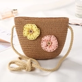 Mini straw bucket bag for girls with 3D floral accents and braided cotton rope strap - Button Large 2 Flowers / Brown