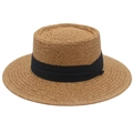 Detailed view of natural woven boater hat featuring a classic wide black ribbon band - Khaki Body + Black Ribbon
