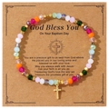Buntes Kristallperlenarmband mit goldenem Kreuzanhänger auf God Bless You Geschenkkarte - Mehrfarbiger Stil A - Rosa Orange Grün Blau Weiß