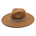 Detail of caramel wool fedora hat featuring a vintage geometric patterned hatband - M (56-58cm) / Khaki