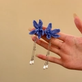 Elegant blue beaded flower earrings with silver chains and delicate white drop pearls - Earrings (Silver Post-Silver-Blue-White)