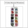 Detailed view of 12 colors marquise rhinestones in a clear plastic storage box for nail art - 12 Colors Navette Rhinestones