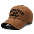 Distressed tan baseball cap featuring Michigan 1975 embroidery and ripped brim detail - Adjustable / Light Coffee