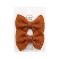Set of two brown seersucker bow hair clips with ribbed texture on display card - Coffee