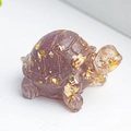 Miniature resin turtle figurine with purple natural crystal stones and gold foil flakes - Strawberry Quartz + Gold Foil