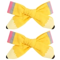 Paire de nœuds à cheveux en tissu motif crayon jaune avec pointes gomme rose - Lot de 2 Barrettes à Cheveux Crayon Rentrée Scolaire / Jaune