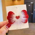 Red velvet hair bow with white pom-pom trim and a tiny red heart for New Year - Style 14: Red Heart Edge Bow