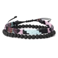 Set of two men's bracelets featuring black volcanic lava stone beads and woven ethnic patterns - Pink Blue Ethnic Woven Style (FD9625) / Two-Piece Set