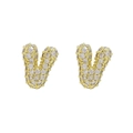 Golden balloon bubble 18k brass letter V stud earrings with sparkling white zircon - Letter V