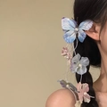 Elegant blue-purple fabric butterfly hair clip with pearls and flower tassels for women - Pearl Fabric Butterfly Flower Tassel Clip