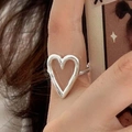 Elegant silver open heart ring for women with minimalist stacked design style - Silver Long Heart Plain Ring
