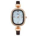 Montre quartz femme ovale en or rose avec strass bleus et bracelet en cuir marron - Café