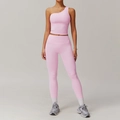 Pink one-shoulder yoga set with high waist leggings and side pockets for fitness - S / Cherry Blossom Pink (Tank+Pants)