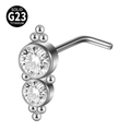 Silver L-shaped G23 titanium nose stud with dual round clear cubic zirconia stones - Double Stone With Metal Beads (Style 15 L-Shaped) / 0.8x7mm