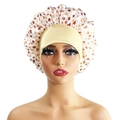 Extra large satin sleep bonnet with wide beige elastic band and brown star print pattern - 10878 Beige Star Print