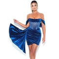 Detailweergave van koningsblauwe fluwelen jurk met korset baleinen en gedrapeerde plooi - S / Blauw