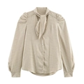 Camicia a quadri beige da donna con elegante collo con fiocco e maniche lunghe a sbuffo - XS / A quadri