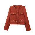 Caramel orange tweed jacket for women featuring golden buttons and four front pockets - Rouge Red