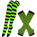 Neon green and black striped thigh high socks with matching fingerless arm warmers set - One Size / Fluorescent Green
