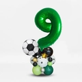 Detail of football birthday party balloon tower with green number 9 and soccer foil balloon - Number 9