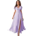 Elegant purple chiffon bridesmaid dress with V-neck, butterfly sleeves, and high leg slit - US size 2 (S) / Top And Bottom / Lavender