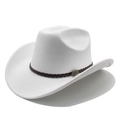 Detail eines weißen Filz-Cowboyhutes mit braunem Lederband und Metall-Schnalle - M(56-59CM) / Weiß (Wildleder)