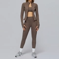 Three-piece brown heathered yoga set with thumbhole jacket and high-waisted leggings - S / Top And Bottom / Rock Brown