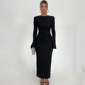 Elegante vestido largo negro ajustado de manga larga con pliegues en la cintura - S / Negro