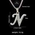 Polished silver stainless steel letter N pendant necklace with five inset rhinestones - Letter N + 70cm Chain