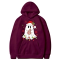 Burgundy Christmas hoodie with cartoon ghost and snowflake patterns in a flat lay view - Burgundy