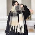 Chic black and grey gradient knit scarf with fringe tassels for a cozy winter style - No.10 Black Beige Plaid