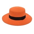 Close-up of orange straw boater hat featuring a woven texture and black grosgrain ribbon - M (56-58cm) / Orange