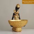 Golden African figurine tray decor, black resin woman statue holding jewelry bowl - 8695 Gold African Woman With Tray