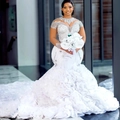 Elegant white mermaid bridal gown with luxury beaded embroidery and long lace train - US 10 / White
