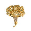 Elegant gold flower brooch featuring sparkling blue and green rhinestones on white background - Golden Blue Green Gem Floral Style (HC0624)