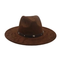 Dark brown wide brim suede fedora hat with star studded black decorative leather band - One Size / Coffee (Belt Star Decor)