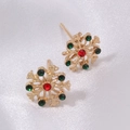 Golden snowflake stud earrings with red and green rhinestones for Christmas festive look - Colorful Stone Snowflake