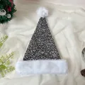Detail of grey sequined Christmas hat with white plush trim and festive ornaments - 31*47cm / Gray