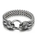 Silver zodiac double dragon head chain bracelet with round clasp in polished steel - Double Dragon Head Style (KB139891-KJX)