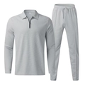 Light gray men's waffle knit sports set with zip polo and drawstring pants on white background - S / Light Gray