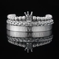 Conjunto de 3 pulseras plateadas con corona de cuentas, diseño trenzado y números romanos - Color Acero Corona con Circonio Negro
