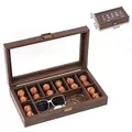 Leather walnut wood jewelry box with glass top and 10 compartments for watches and rings - 8+1 Wood Grain Leather Box