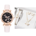Damen-Uhr in Roségold mit Schmetterlingsmuster und passendem fünfteiligem Schmuckset - Weiß 5-Teiliges Set